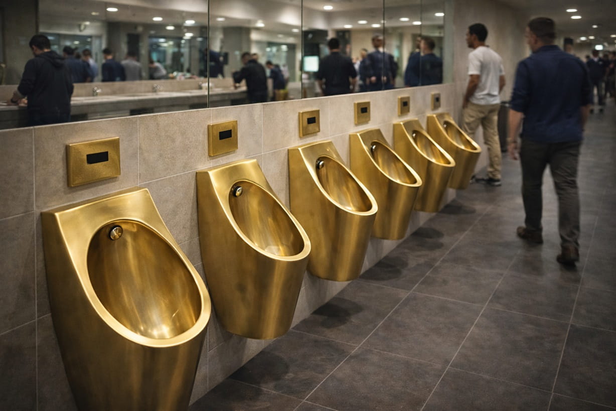 Upscale commercial men's bathroom featuring a row of gold metal urinals mounted along a tiled wall with mirrors above the sinks.